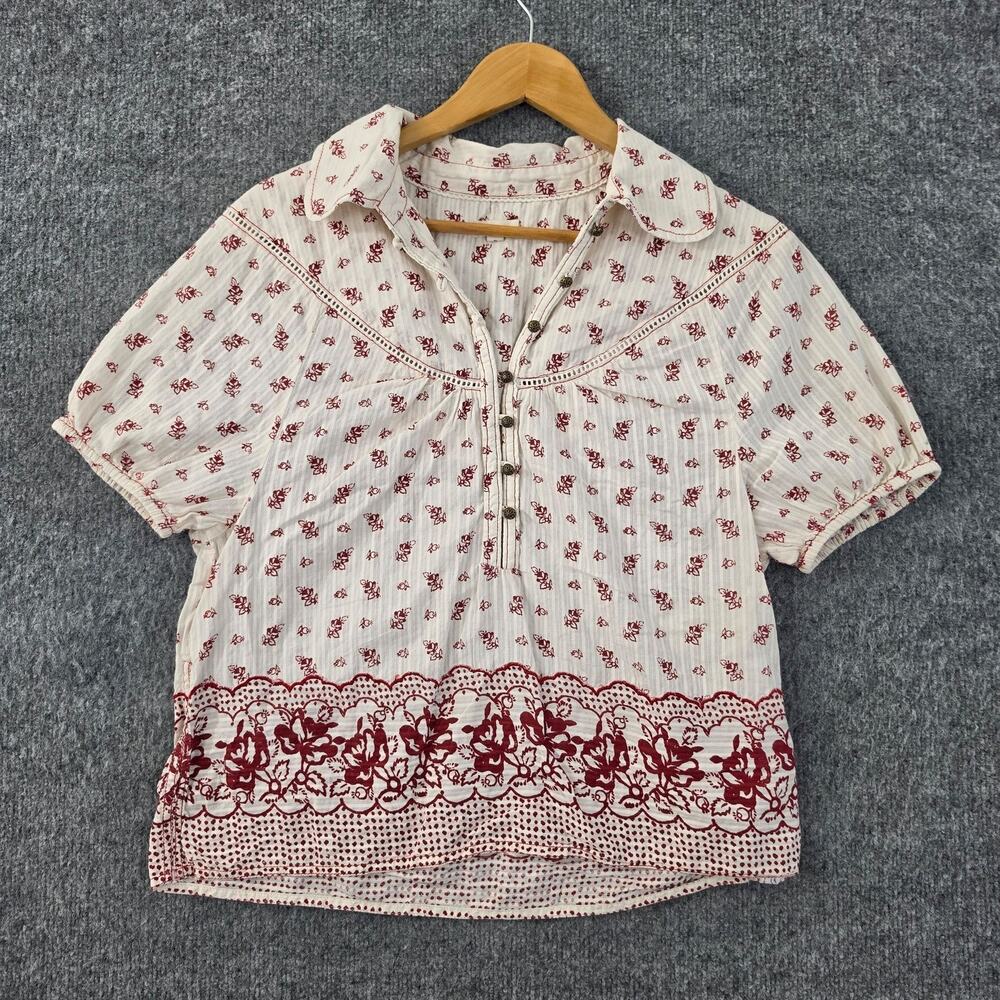 Pilcro Blouse Medium Whitney Textured Trapeze Button Down White Floral Boho Cute